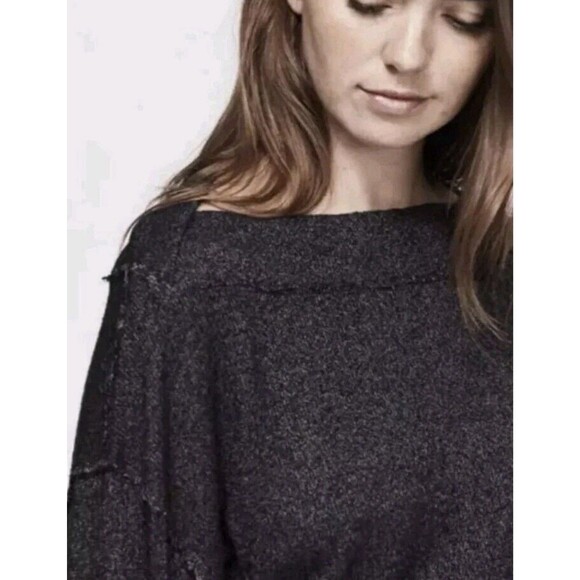 Free People We The Free Charcoal Hacci Knit Slouchy Top Wide Neck XS Boho Chic - Picture 4 of 15